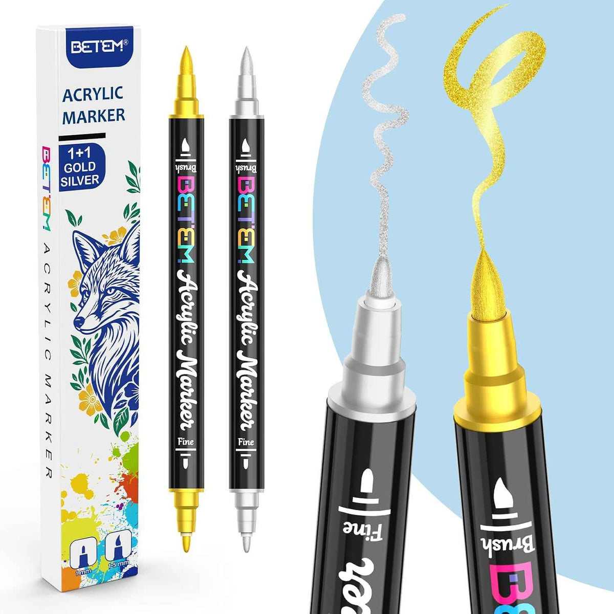 Betem 2 Gold & Silver Paint Markers for Glass, Dual Tip Acrylic Paint Pens