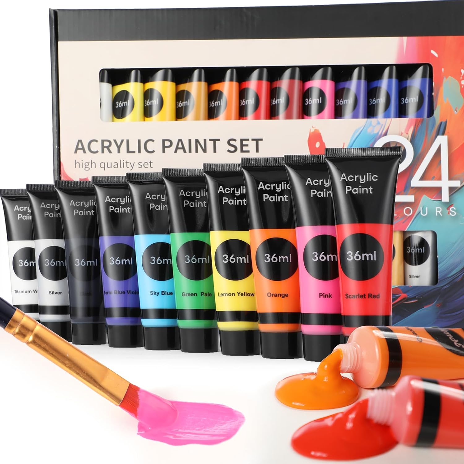 Metallic Acrylic Paint Set with 12 Brushes, Metallic Paint Sets with 20 Colors (60ml, 2oz), Acrylic Paint Set for Artists, Beginners on Rocks, Canvas, Wood, Fabric