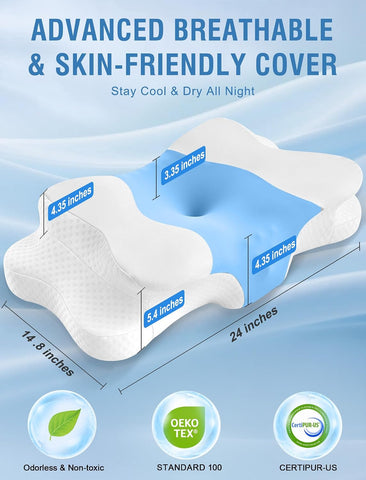 DISSA Cervical Neck Pillow for Side Sleepers Ergonomic Contour Memory Foam Pillow with Adjustable Orthopedic Neck Support for Pain Relief - Gift for Christmas & Birthdays - Blue