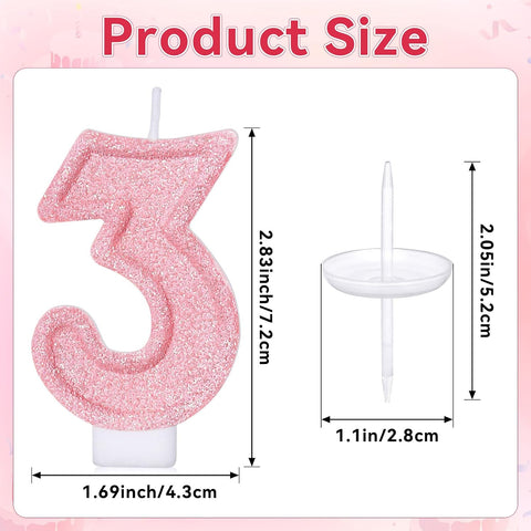 Cute Number 3 Birthday Candle, Glitter Pink Number Candles, Birthday Cake Topper Decoration, Party Supplies Anniversary Celebrations