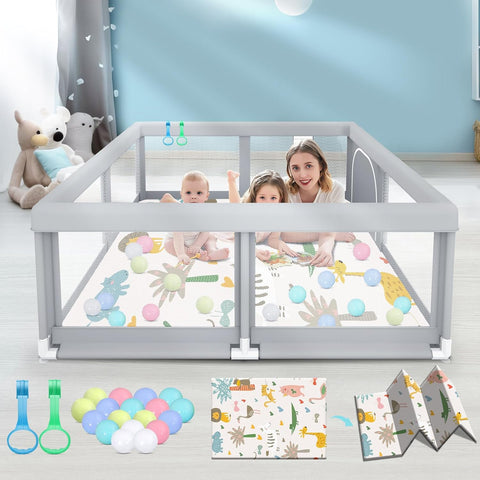 Fshibila 50" ×50" Baby Playpen with Mat, Baby Playard for Babies and Toddlers, Play Pens for Indoor & Outdoor, Sturdy Safety Play Yard with Soft Breathable Mesh, Anti-Fall, Ball x 18, Handle x 2, Grey