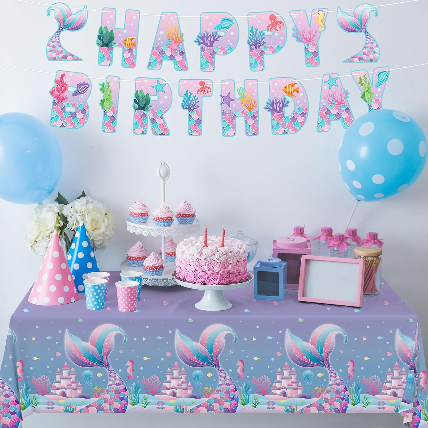 Gatherfun Mermaid Party Supplies Set: 2-Pack Rectangular Plastic Tablecloths, 54 x 108 Inches, Purple (Gradient) Mermaid Pattern, Kids & Girls 1st Birthday Decorations