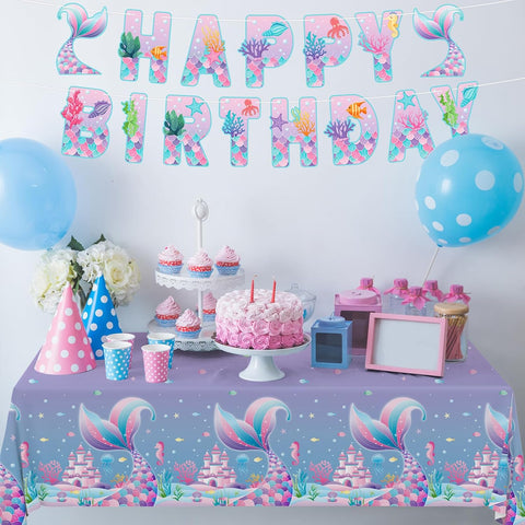 Gatherfun Mermaid Party Supplies Set: 2-Pack Rectangular Plastic Tablecloths, 54 x 108 Inches, Purple (Gradient) Mermaid Pattern, Kids & Girls 1st Birthday Decorations