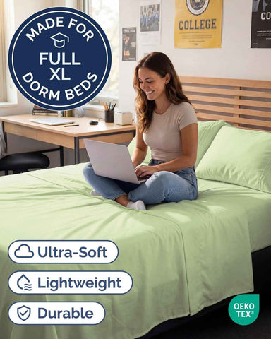 Full XL Sheets - 4 Piece Full XL Sheet Set - Breathable - Light Sage Green