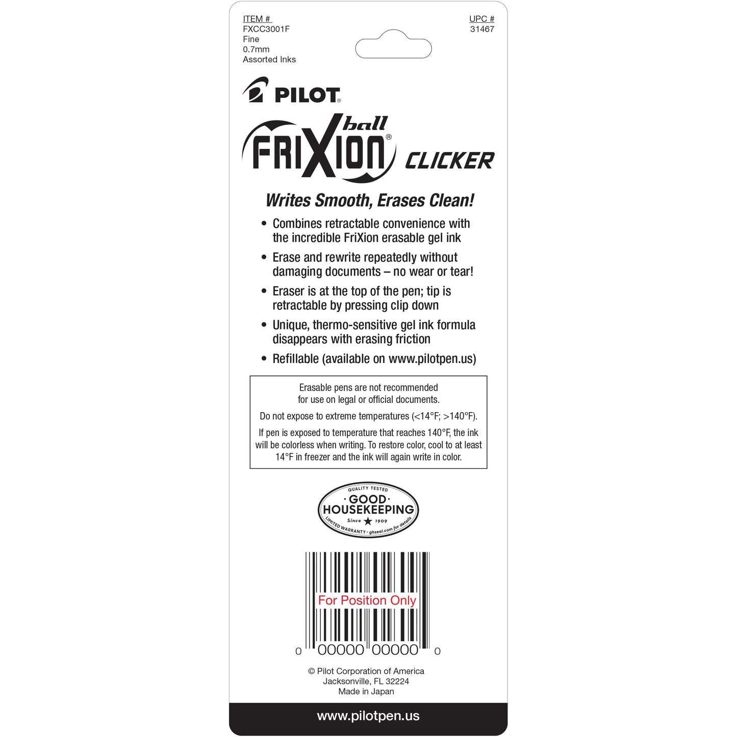 PILOT FriXion Clicker Erasable, Refillable & Retractable Gel Ink Pens, Fine Point, Black/Blue/Red Inks, 3-Pack (31467)