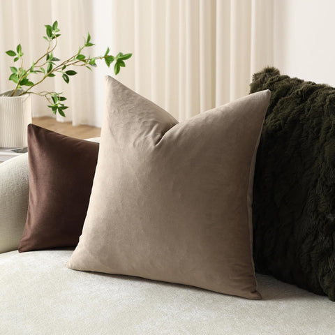 DEZENE Euro Sham Covers 26x26 Taupe: Pack of 2 Cozy Soft Velvet Square Modern Luxury Decorative Throw Pillow Cases for Sofa Couch Living Room Bed Home Decor