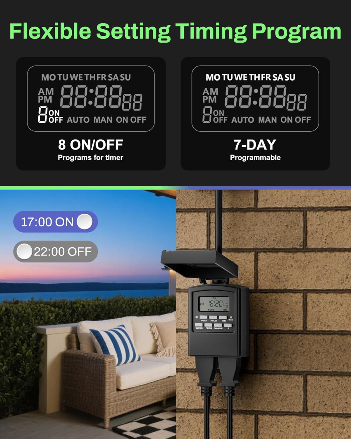 BN-LINK Outdoor 7-Day Programmable Timer Outlet, 2 Outlets, 2 Pack