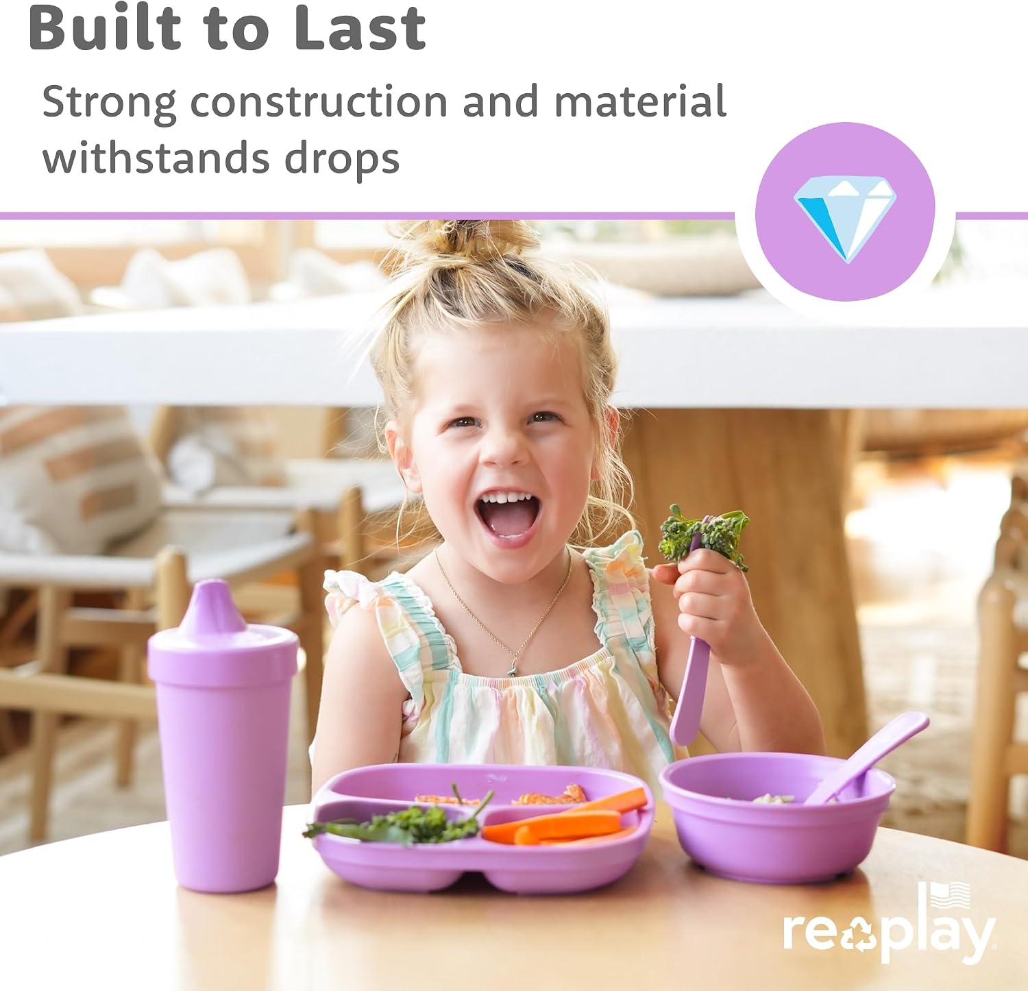 Re-Play Divided Toddler Plates Set of 3 - Deep-Walled 3 Compartment Kids Plates for Picky Eaters - Dishwasher & Microwave Safe - BPA-Free - Made in USA, A True Blue