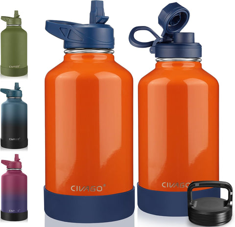 CIVAGO 64 oz Insulated Stainless Steel Water Bottle With Straw and 3 Lids