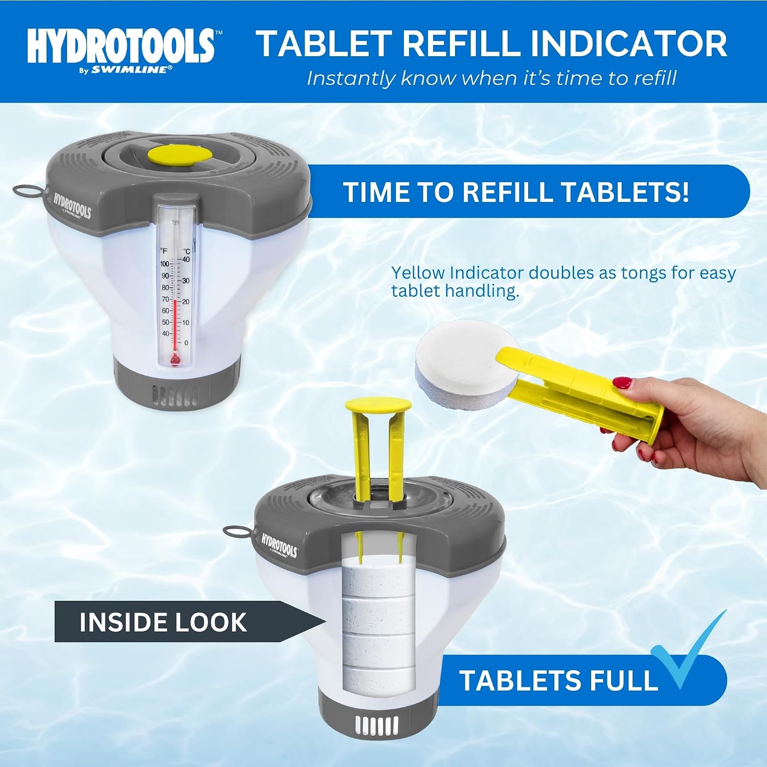 SWIMLINE | Floating Pool Chlorine Tablet Dispenser | Smart-Refill | Tongs