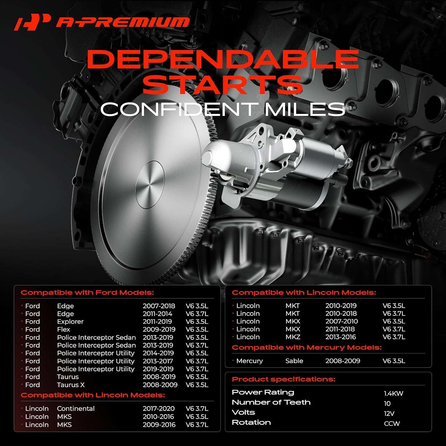 A-Premium Starter Motor, 12V 1.4KW 10 Teeth Counterclockwise