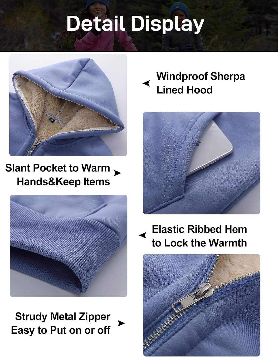 Flygo Unisex Boys Girls Fleece Jacket Hoodie Sherpa Lined Zip Up Hooded Sweatshirt Kids Winter Jackets