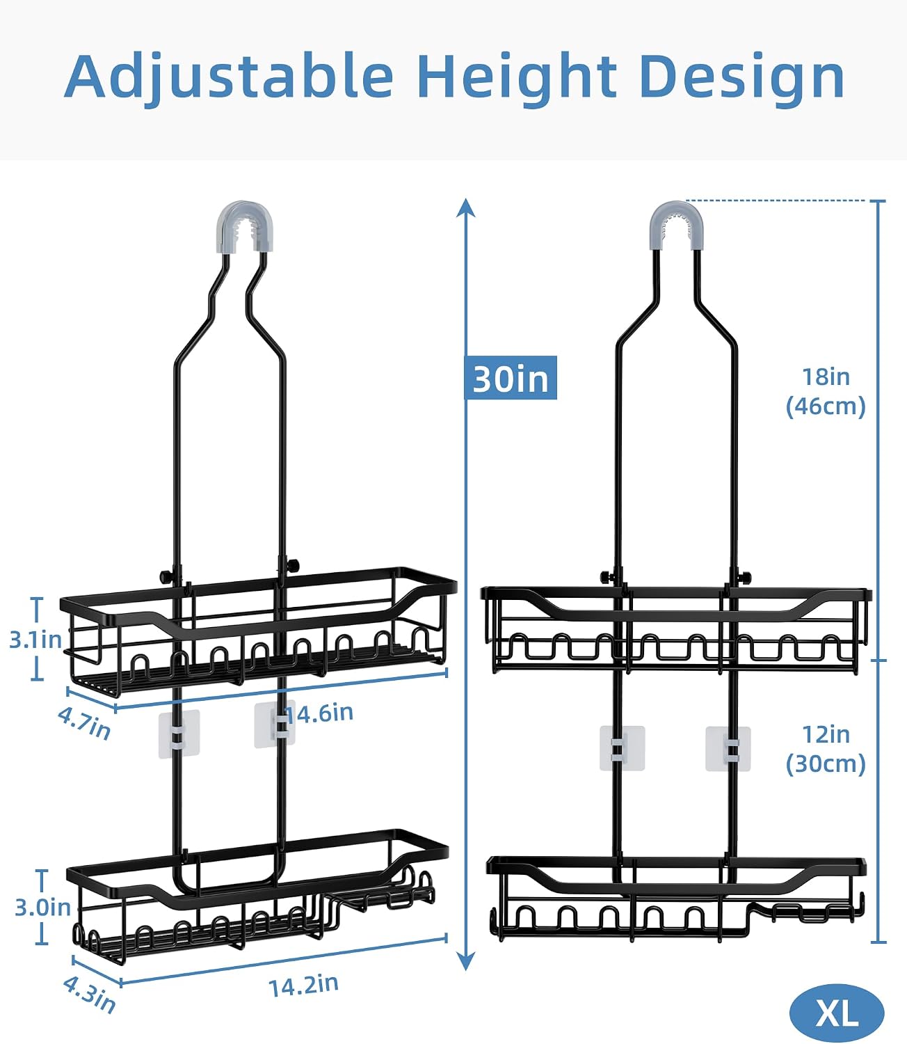 Shower Caddy Hanging Organizer, Extra Large Rack Over Showerhead with Hooks, Adjustable Height Shower Caddy for Big Shampoo Bottle, Black
