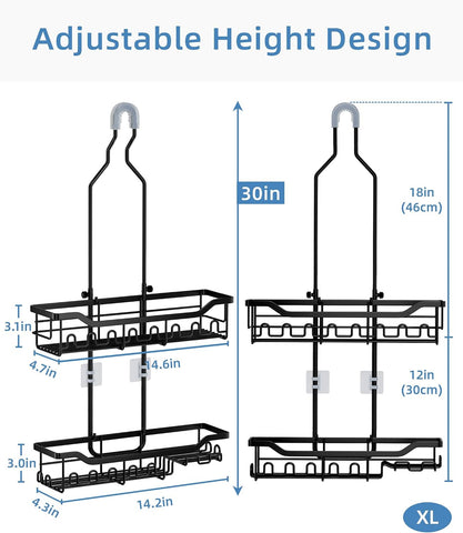 Shower Caddy Hanging Organizer, Extra Large Rack Over Showerhead with Hooks, Adjustable Height Shower Caddy for Big Shampoo Bottle, Black