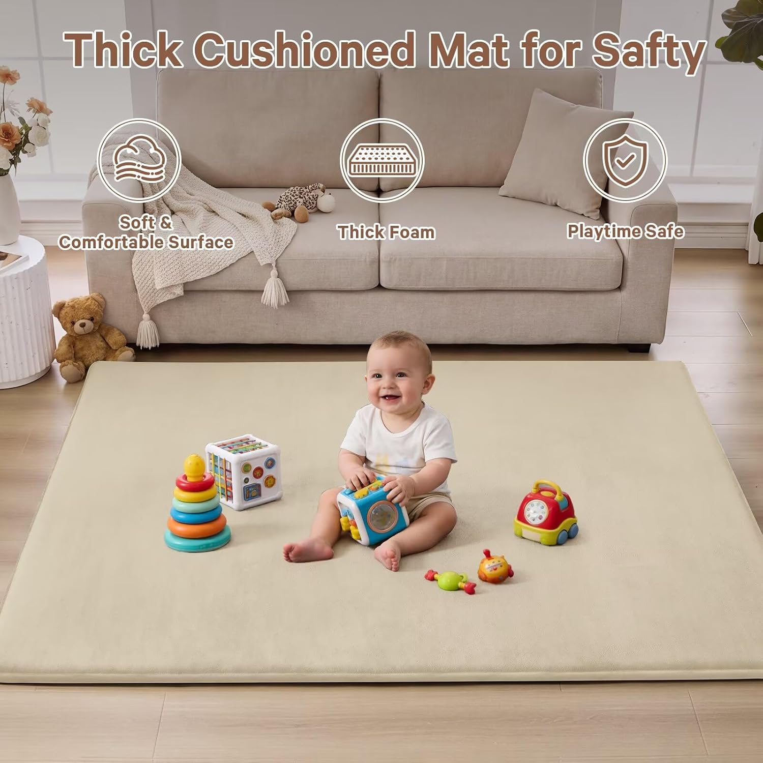 Baby Play Mat for Floor,Tummy Time Area Rug 47x47 Playpen Muscle Mat Beige