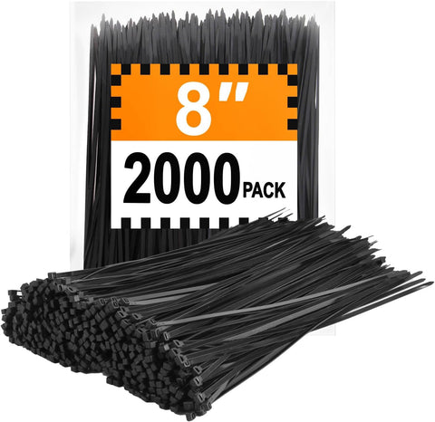 Zip Ties 8 inch (2000 Pack), 40 lb, Black Wire Ties, UV Resistant Cable Ties for Outdoor Use, LOCKLOCK