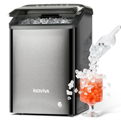 Inoviva Nugget Ice Maker Countertop, 40lbs/24H Soft Chewable Pellet Ice Machine with Self-Cleaning, Sonic Ice Maker for Home Kitchen, Office - Black Stainless