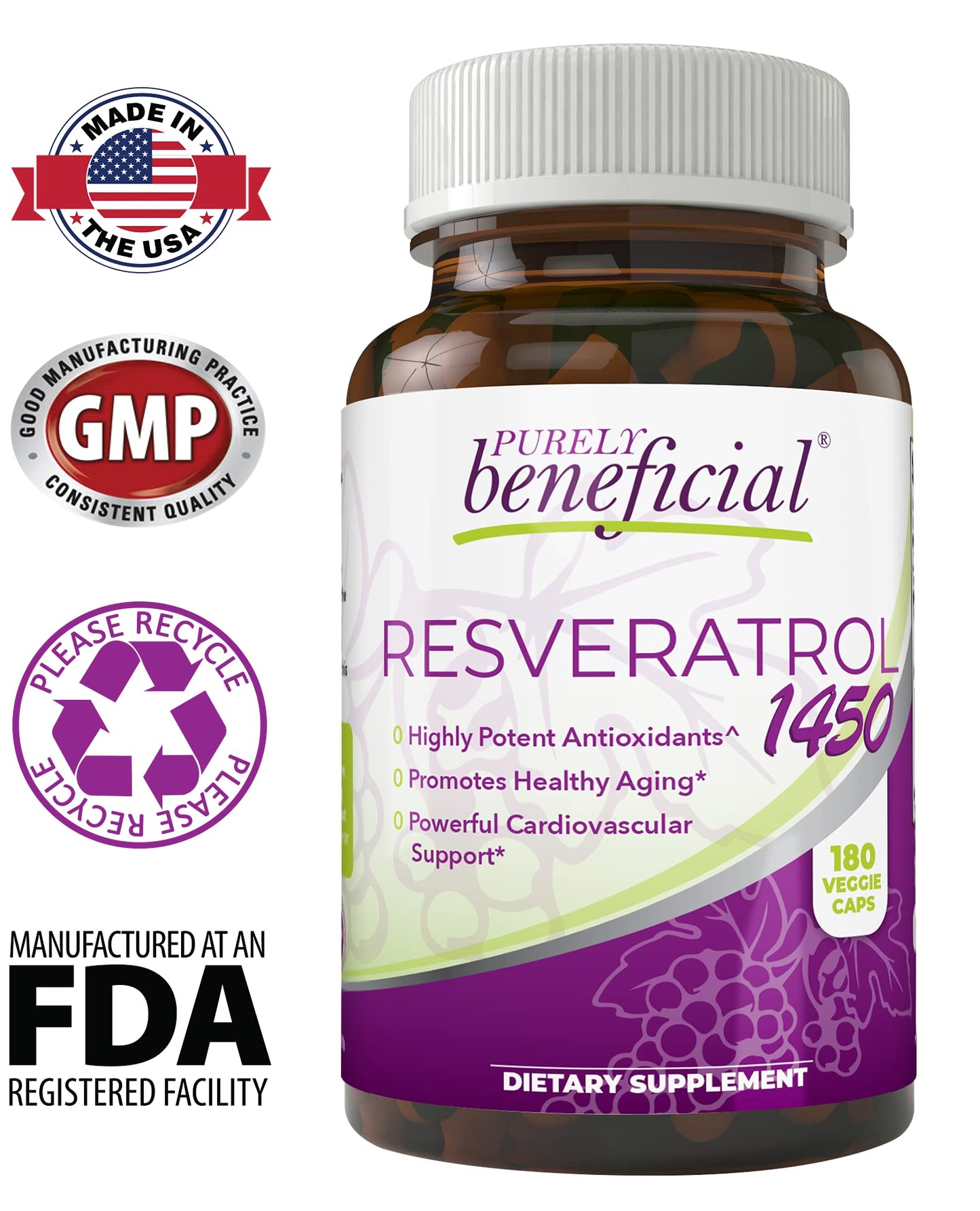 PURELY beneficial RESVERATROL1450-90day supply, 1450mg per Serving of Potent Antioxidants & Trans-Resveratrol, Promotes Anti-Aging, Cardiovascular Support, Maximum Benefits (1bottle)