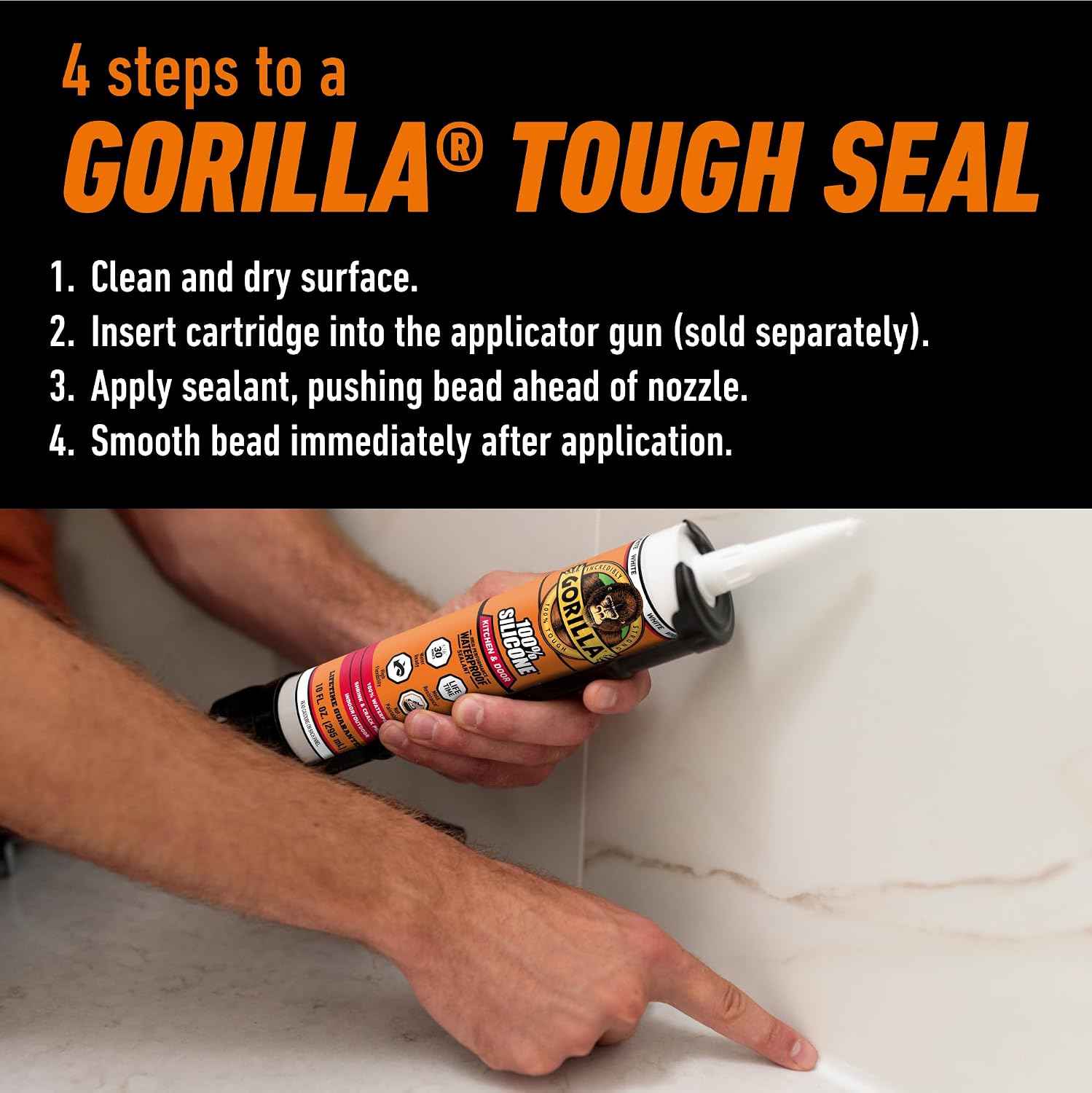 Gorilla 100% Silicone Caulk, Kitchen & Bath Sealant, White, 10 oz Cartridge