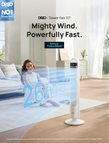DREO Tower Fan for Bedroom, 26ft/s Velocity, 90° Oscillating, 8H Timer