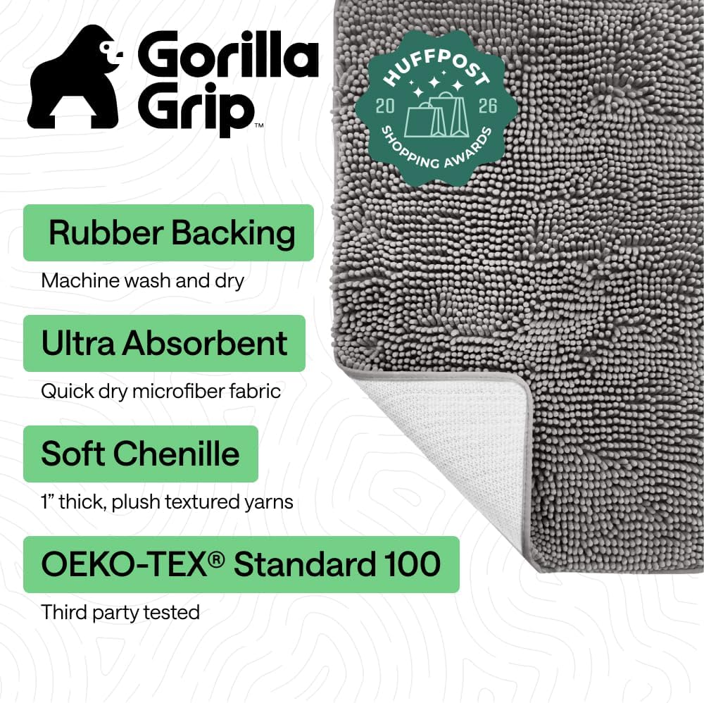 GORILLA GRIP Bath Rug Mat for Bathroom, Absorbent Chenille, 24x17 Gray