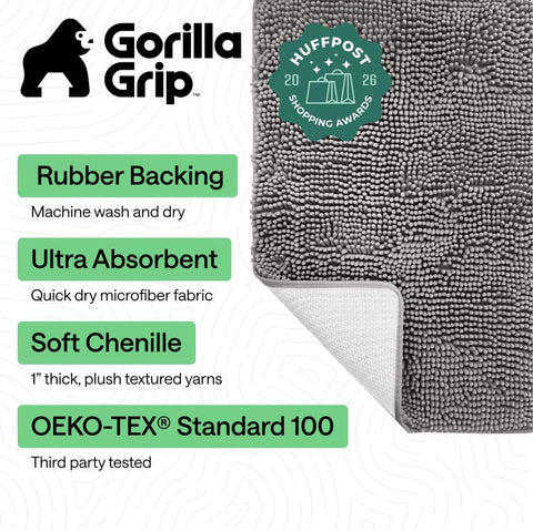 GORILLA GRIP Bath Rug Mat for Bathroom, Absorbent Chenille, 24x17 Gray