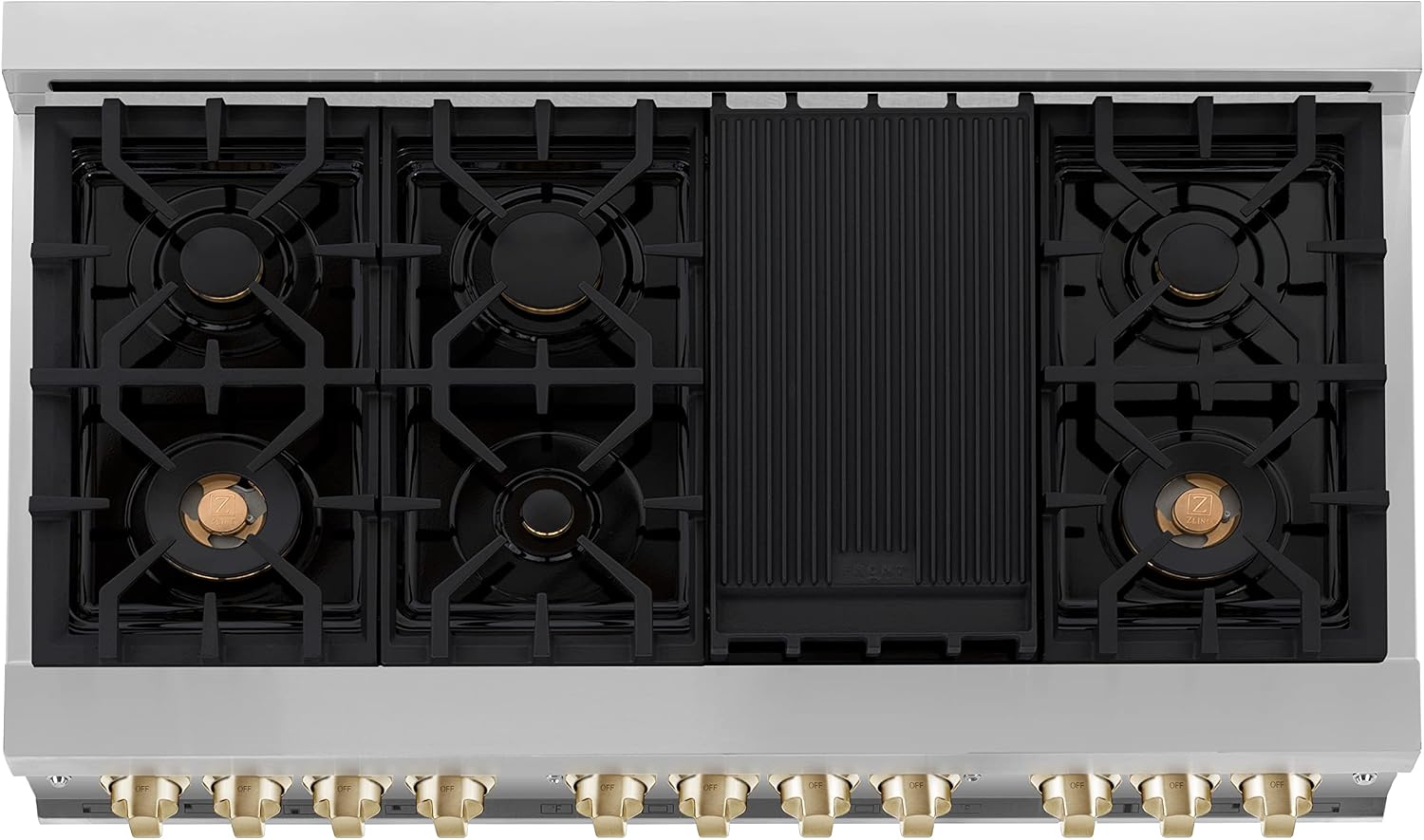 ZLINE Autograph Edition 48 in. 6.0 cu. ft. Legacy Dual Fuel Range with 7 Burner Gas Cooktop and 2 Electric Ovens in Stainless Steel with Black Matte Doors and Polished Gold Accents (RAZ-BLM-48-G)