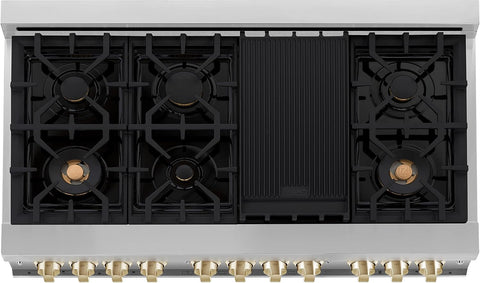 ZLINE Autograph Edition 48 in. 6.0 cu. ft. Legacy Dual Fuel Range with 7 Burner Gas Cooktop and 2 Electric Ovens in Stainless Steel with Black Matte Doors and Polished Gold Accents (RAZ-BLM-48-G)