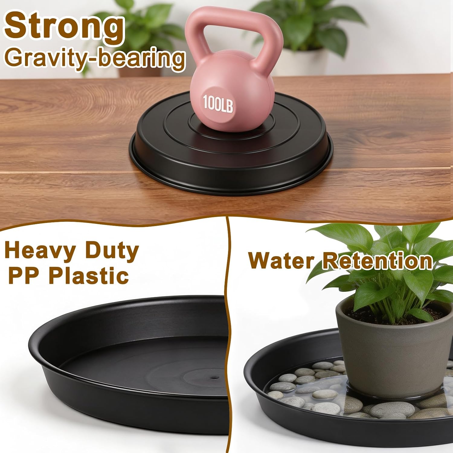 JNYONG 12inch 3 Pack Black Circular Plant Saucer Tray