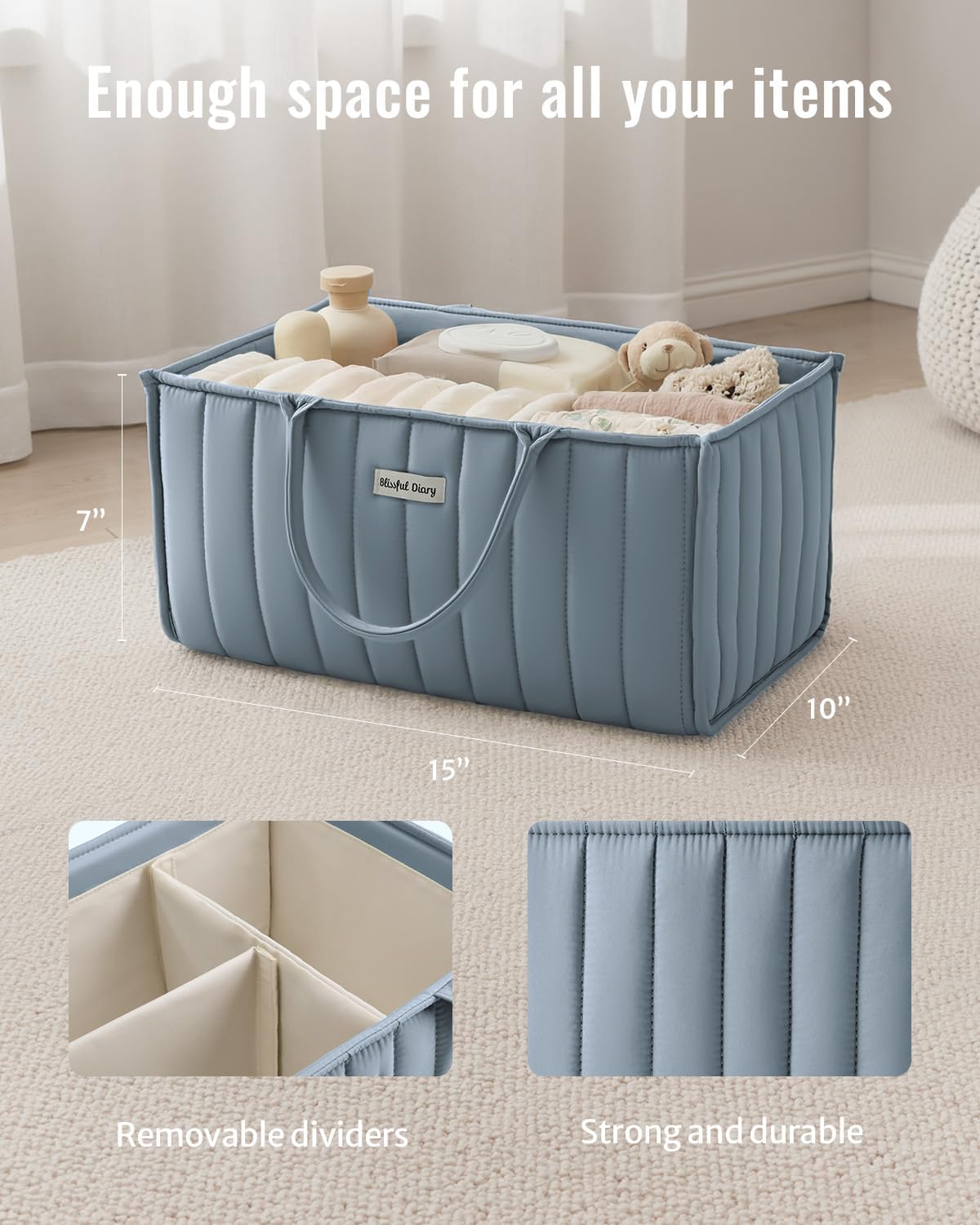 Blissful Diary Baby Diaper Caddy Organizer, Stylish Storage Basket for Newborn Essentials and Diaper Station, Gift for Baby Shower and Registry Must-Have, Dusty Blue