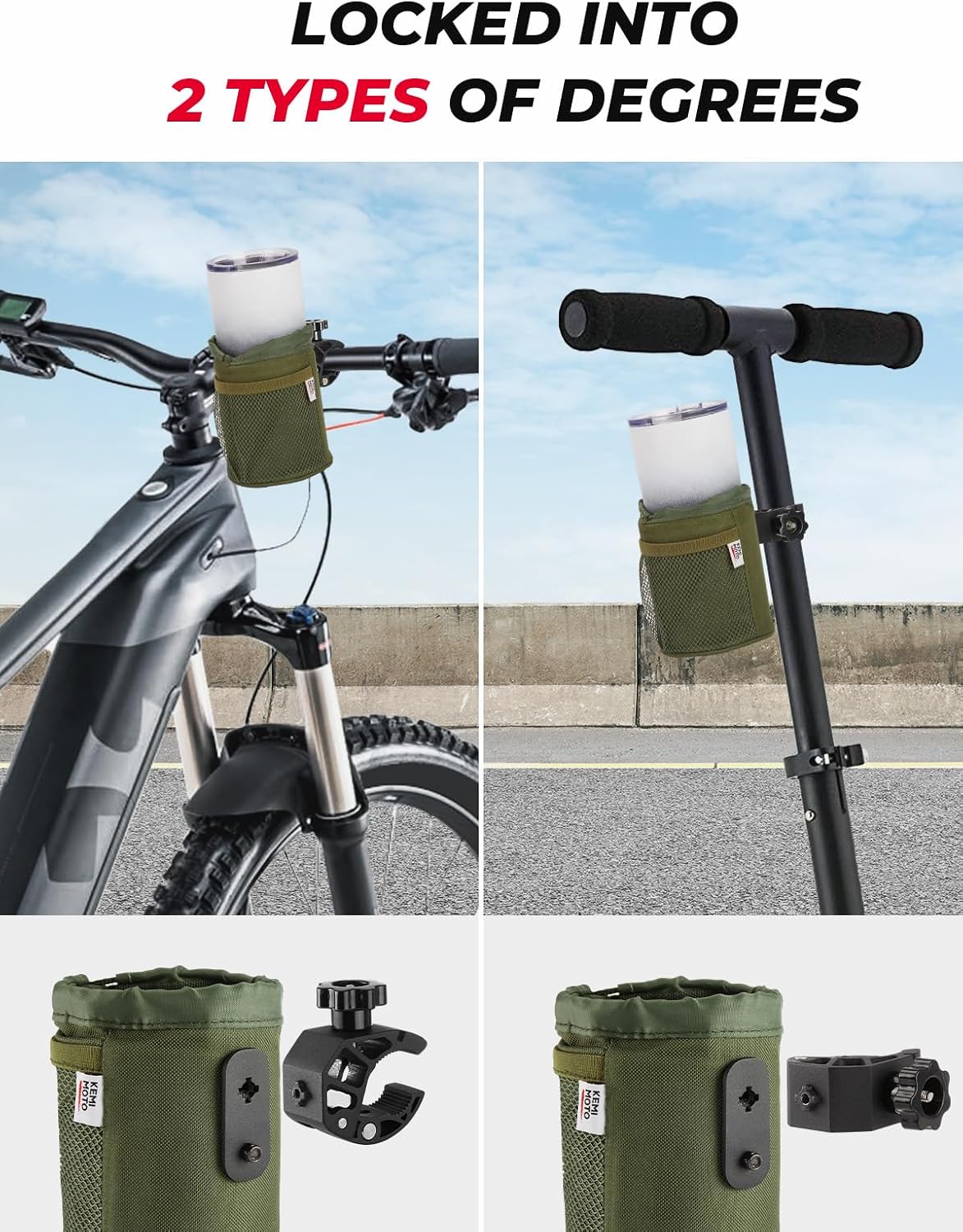 KEMIMOTO Motorcycle Cup Holder, Oxford Fabric Motorcycle Drink Holder with 0.6"-1.5" Alligator Clamp, Universal Water Bottle Cup Accessories for Bike, ATV/UTV, Scooter, Boat, Walker, Army Green