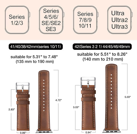 SUNFWR Leather Bands Compatible with Apple Watch Band 41mm 40mm 38mm for Men Women, Top Grain Genuine Leather Replacement Strap for iWatch Ultra SE2 SE Series 8 7 6 5 4 3 2 1 (Red Brown/Silver)