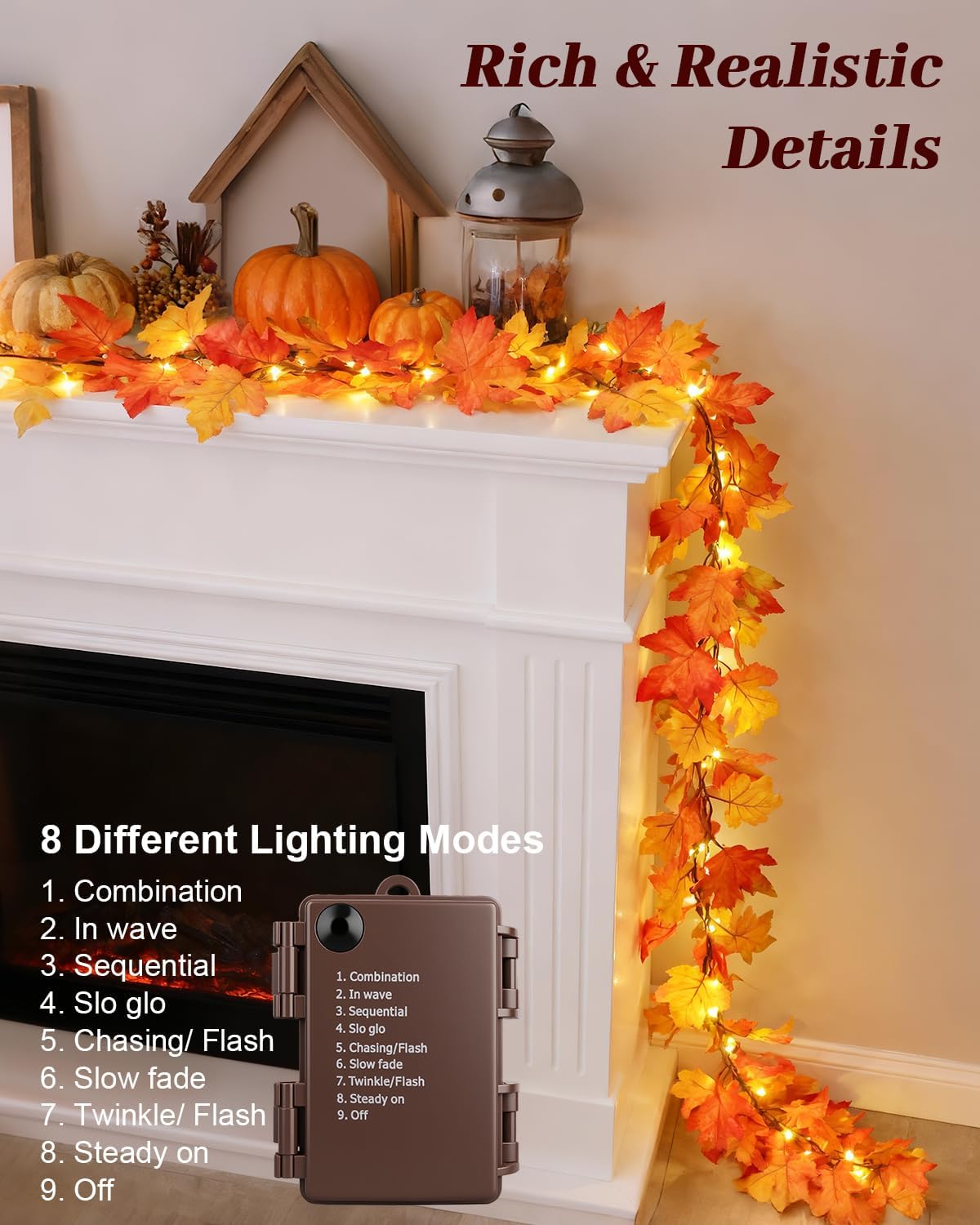 9.8FT 60LED Fall Garland with Lights, 8 Lighting Modes, Battery Powered Maple Leaves String Lights, Fall Decorations for Autumn, Thanksgiving, Halloween, Home Room, Indoor Outdoor