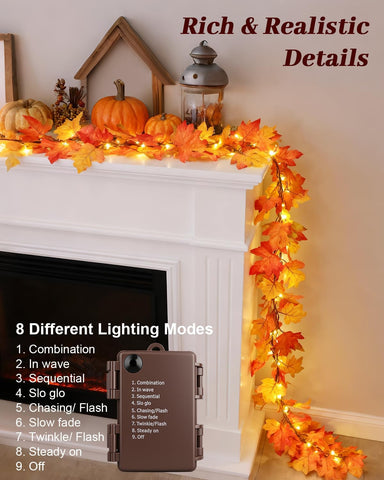 9.8FT 60LED Fall Garland with Lights, 8 Lighting Modes, Battery Powered Maple Leaves String Lights, Fall Decorations for Autumn, Thanksgiving, Halloween, Home Room, Indoor Outdoor