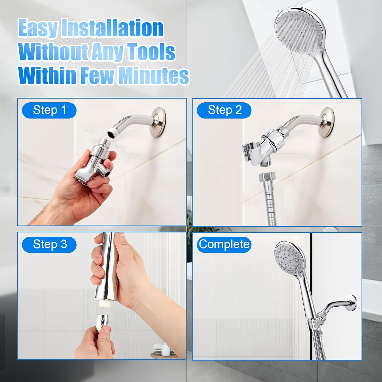 Detachable Handheld Shower Head with Hose - High pressure 5 Functions Showerheads Hand Held Shower Heads,Extra Long 4.7 ft. Stainless Steel Hose and Holder