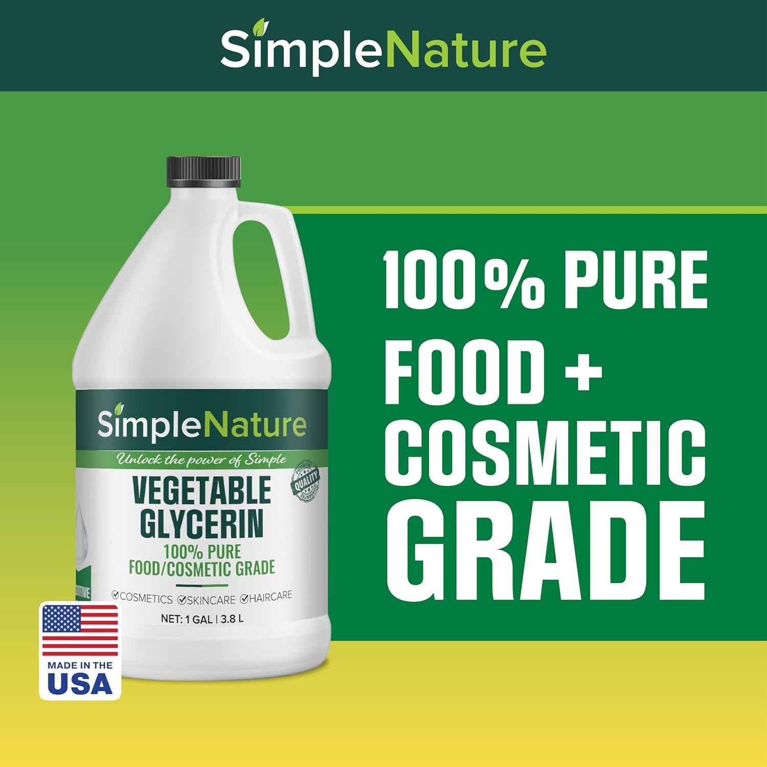 SimpleNature 100% Pure Vegetable Glycerin - 1 Gallon (128 fl oz) - Food/Cosmetic Grade Skincare, Haircare, Cosmetics, Soapmaking, Crafts - Softening & Moisturizing Multipurpose Humectant