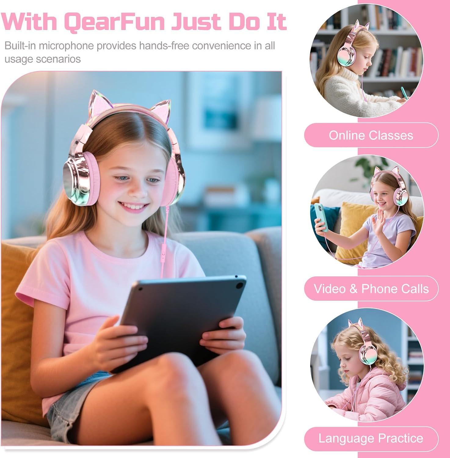 QearFun Kids Cat Ear Headphones with Cord with Mic, 85/94dB Volume Limit