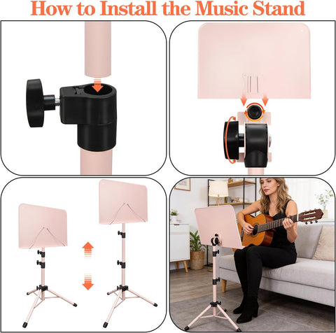 Mdvora 1 Pack Adjustable Pink Sheet Music Stand, with Carry Bag Clip Holder