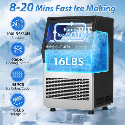Commercial Ice Maker, 100LBS/24H Freestanding Ice Machine with Self-Priming Gallon Water& Facuet Water Inlet, Self-Cleaning, 3 Ice Thickness,16LBs Storage Bin for Home, Office,Garage, Bar, Restraunt