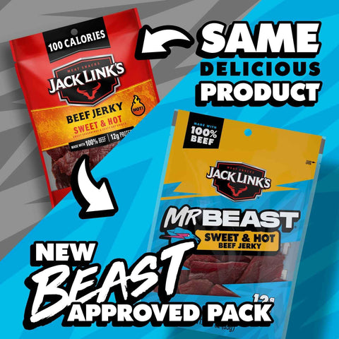 Jack Link's MrBeast Sweet & Hot Beef Jerky - (10 Pack) 1.25 oz | Bag - Ready to Eat Protein Snacks - 12g Protein per Serving - Made with 100% Real Beef