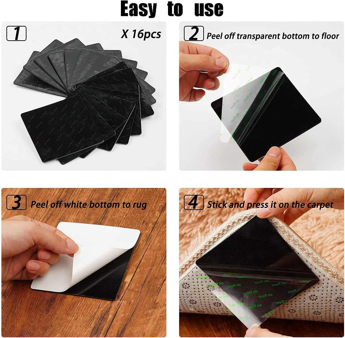16PCS Grippers of Rug Pad, Non-Slip Rug Tape for Hardwood & Tile