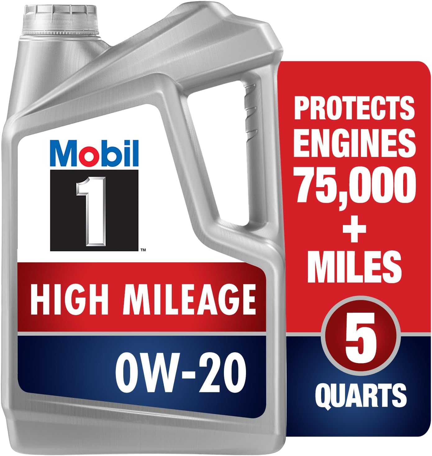 Mobil 1 High Mileage Full Synthetic Motor Oil 0W-20, 5 Quart