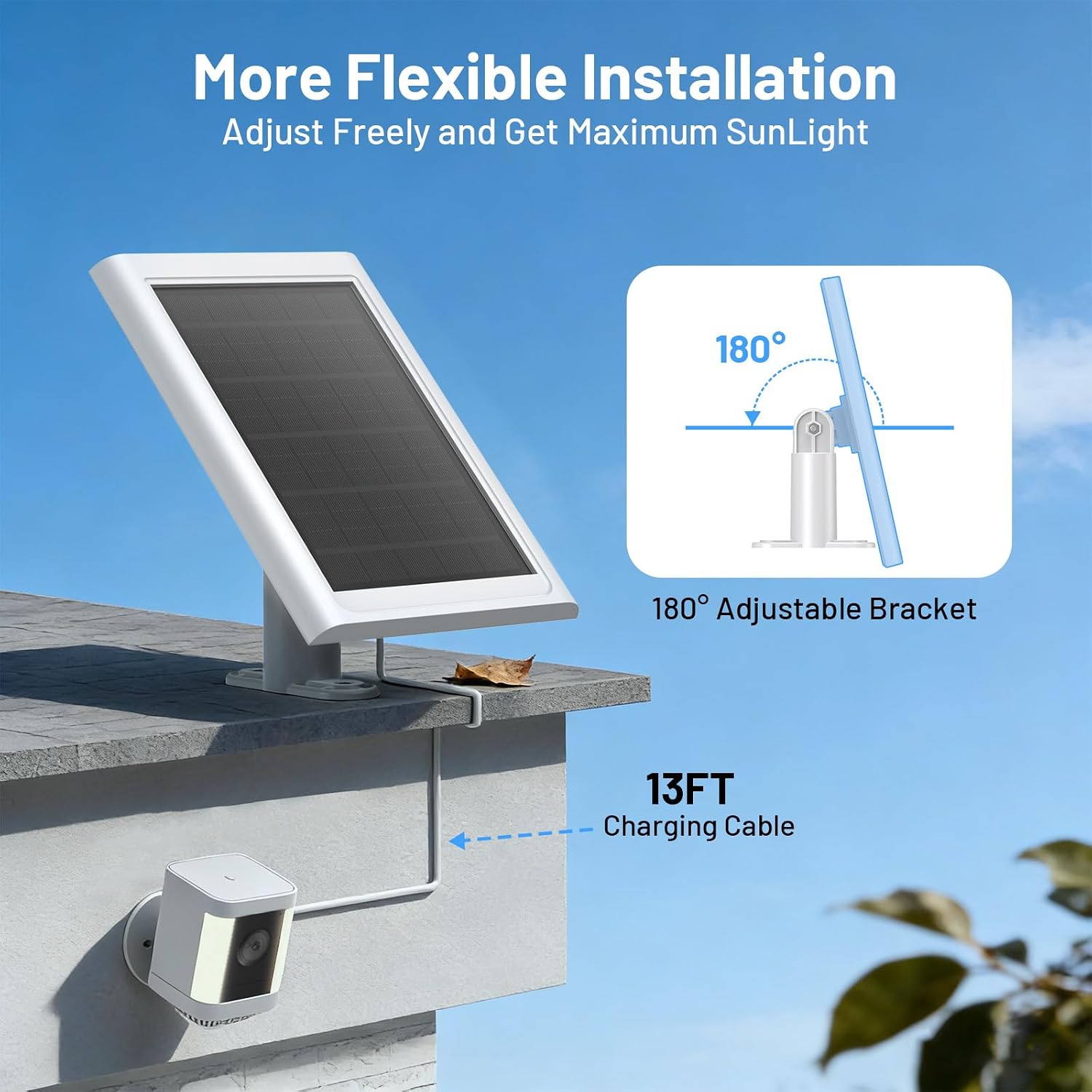 Solar Panel for Ring Camera, 2 Pack Solar Charger Compatible with Ring Stick Up and Spotlight Plus/Pro Outdoor Cam Battery, IP68 Waterproof 13ft Cable with Ring Barrel Plug to USB-C Adapter