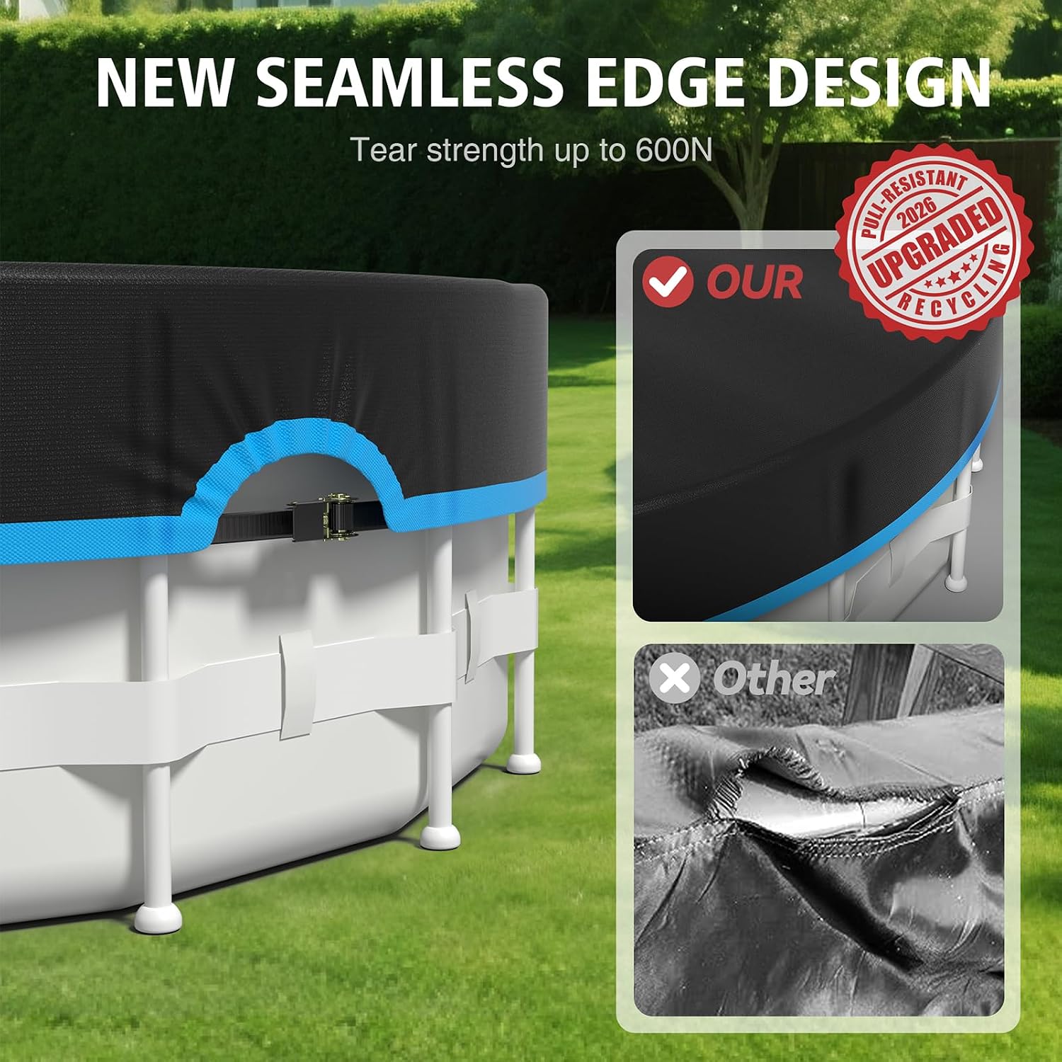 Pool Cover 12ft Round, Ratchet Strap System & Seamless Side Design