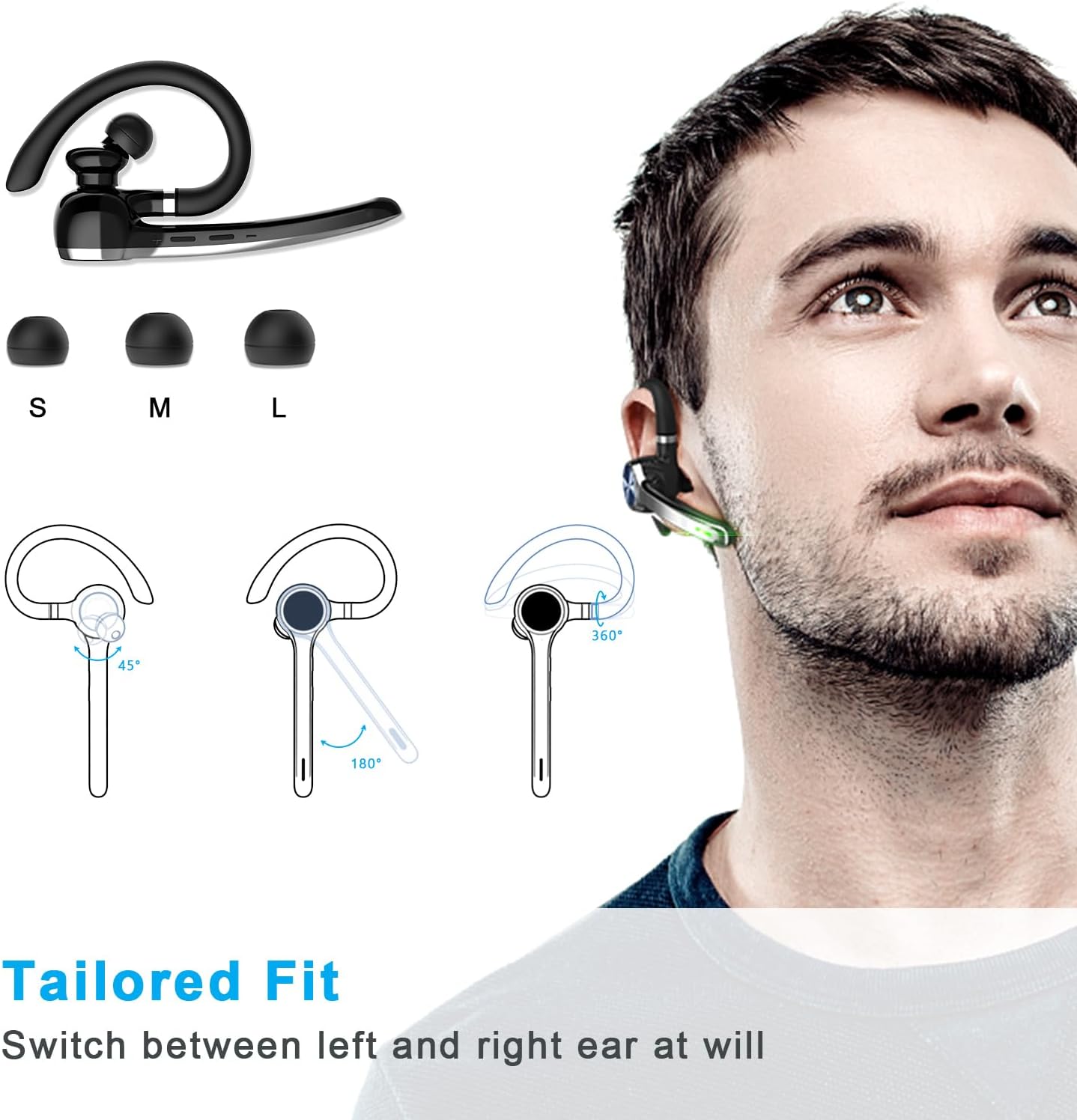 HEIBAS Bluetooth Headset, Wireless Earpiece with Mic for Work