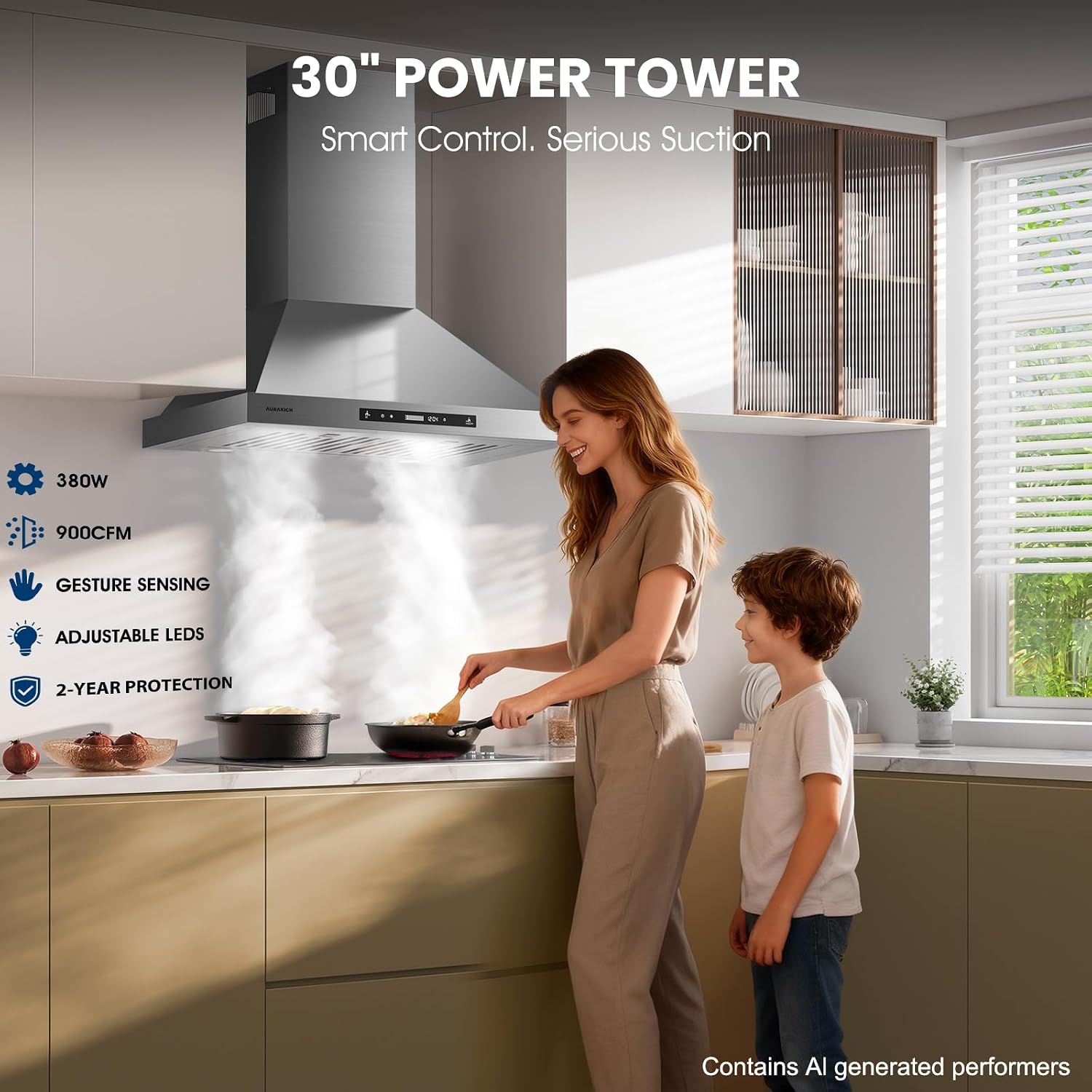 30-inch Wall Mount Range Hood, 900 CFM Full Copper Motor