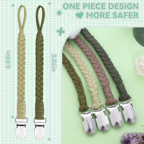 4 Pcs Pacifier Clip, Pacifier Clips for Boys & Baby Girls Pacifier Holder Clip Binky Clips Braided 100% Handmade Fits All Pacifiers(Green, 4 Pack)