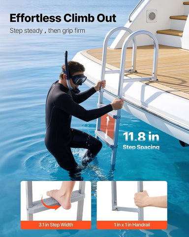 VEVOR Removable Dock Ladder, 3 Steps, Aluminum Alloy Pontoon Boat Swim Ladder, with Non-Slip Wide PP Steps, 500 lbs Weight Capacity, Quick Release Design, for Lake Swimming, Pool, Marine Boarding