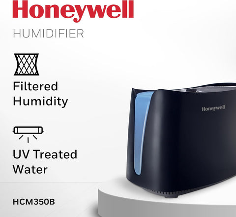 Honeywell Cool Moisture Humidifiers for Bedroom, Medium Rooms, 1.1 Gallon, Invisible Moisture Humidifier for Baby, Kids, Quiet, Easy to Clean, UV Technology, Black, HCM350B