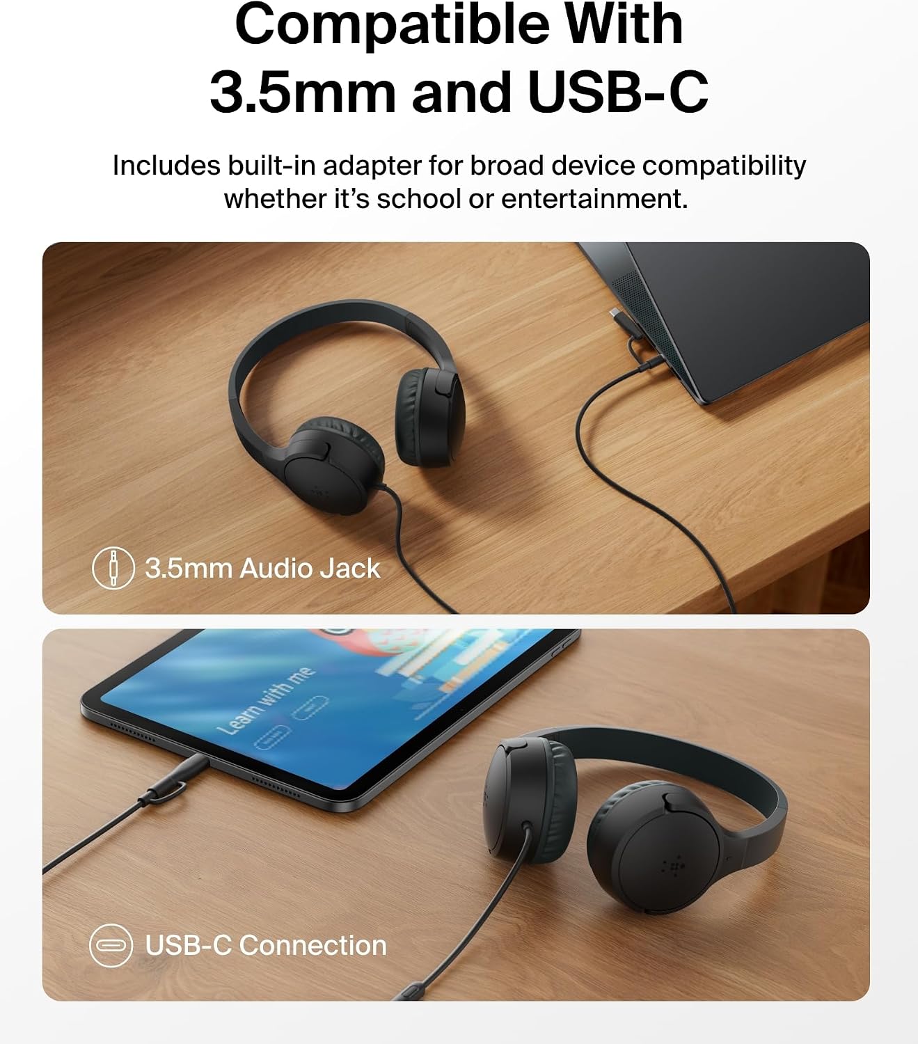 Belkin SoundForm Mini Wired Kids Headphones, On Ear, USB C to 3.5mm Adapter